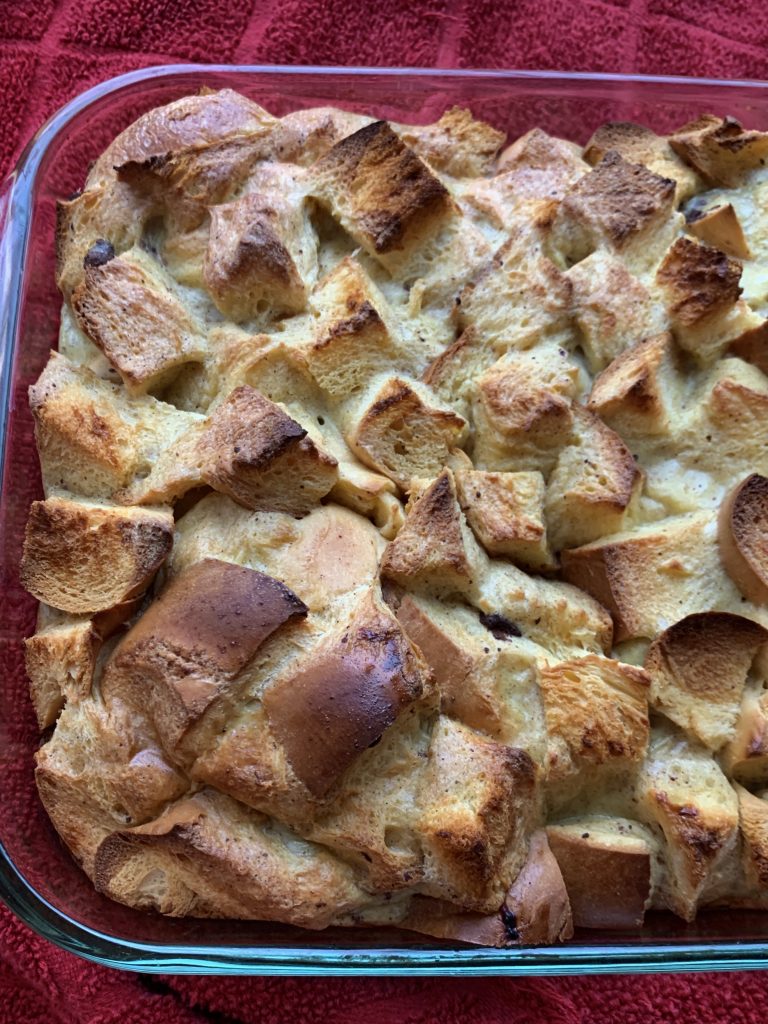 close up of french toast casserole in baking dish