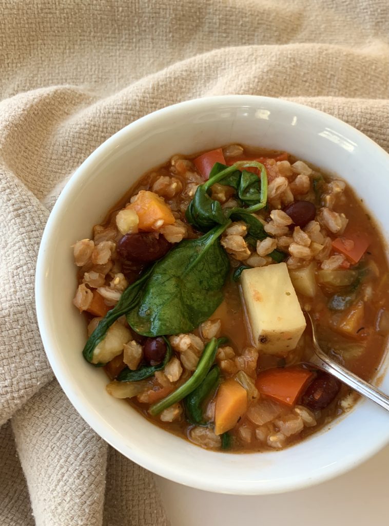 bowl of vegetable farro soup